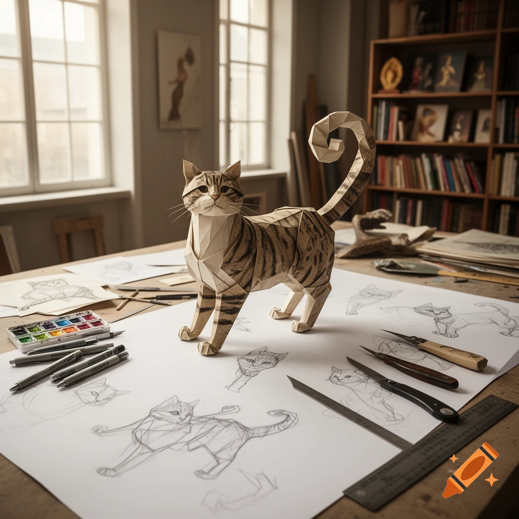 A photorealistic papercraft cat model with stripes stands on an artist's desk amidst cat sketches and art supplies in a sunlit studio.