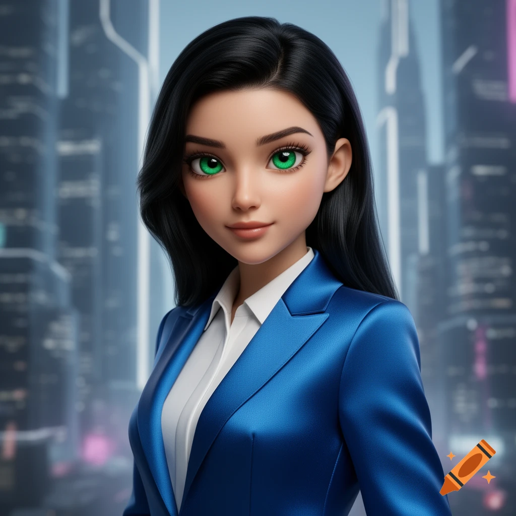 A digital art portrait of a young woman with black hair and green eyes, wearing a blue business suit against a blurred city background.