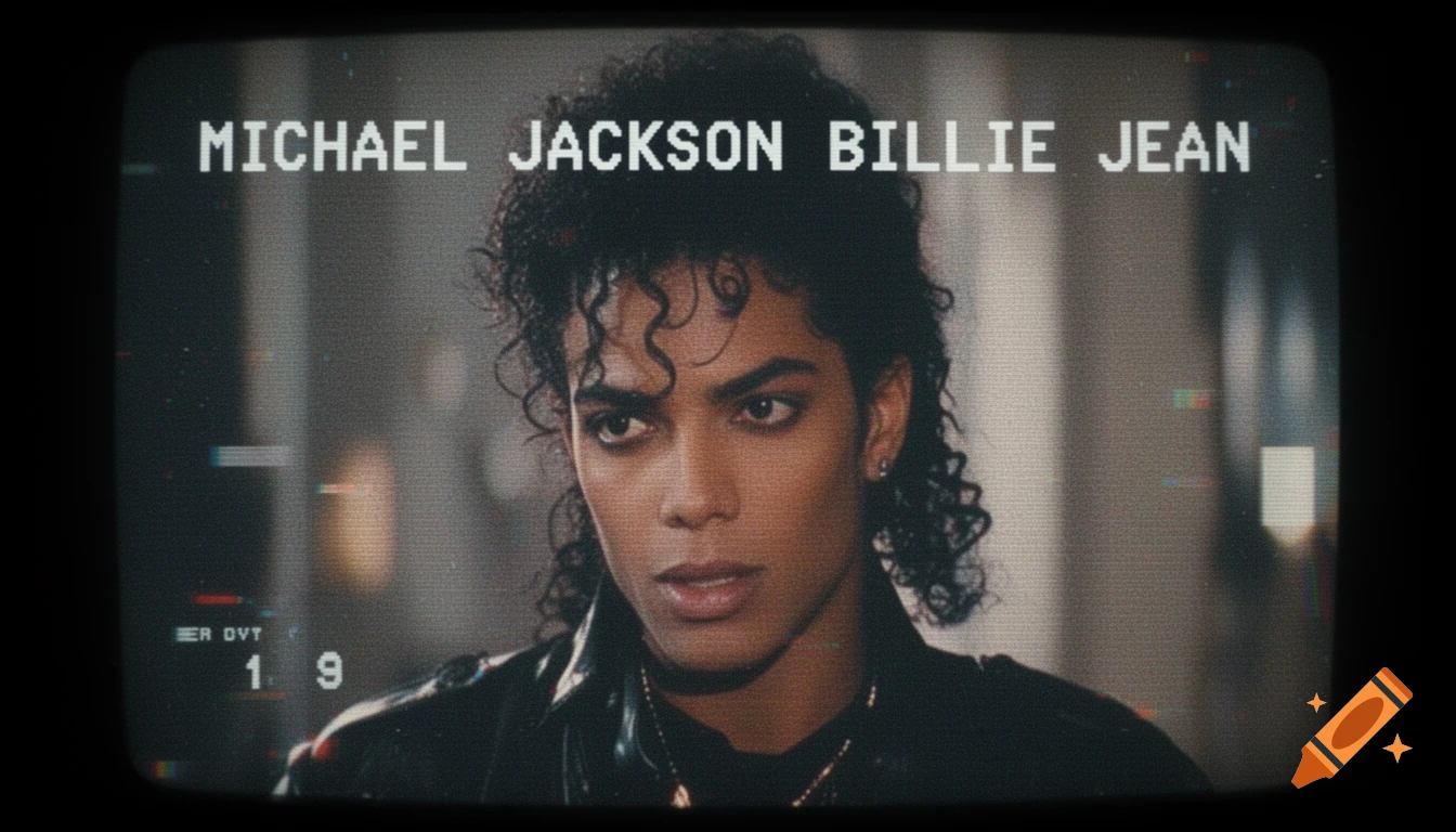 A grainy, vintage-style image of Michael Jackson from CCTV footage, with text 'MICHAEL JACKSON BILLIE JEAN' at the top.