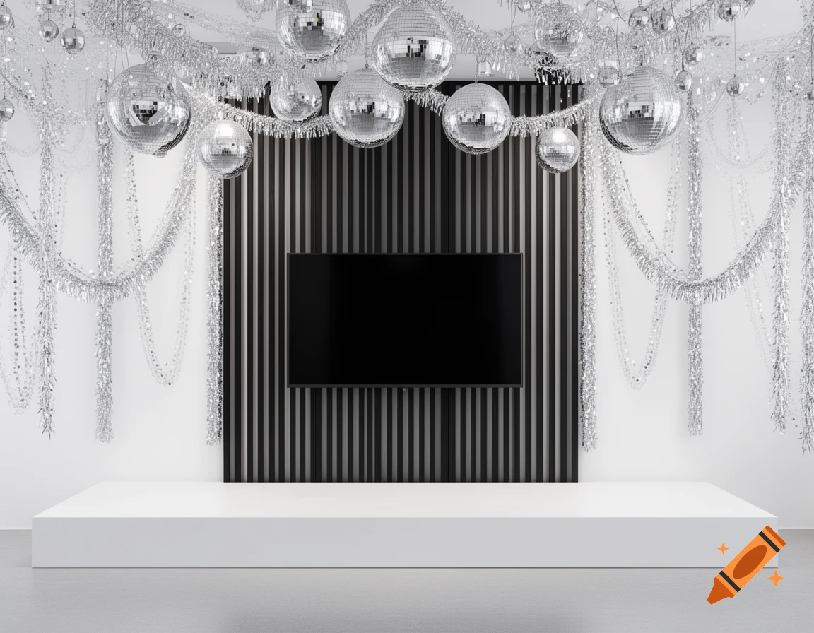 A white stage with a black TV screen on a striped wall, decorated with many silver disco balls and tinsel for a party.