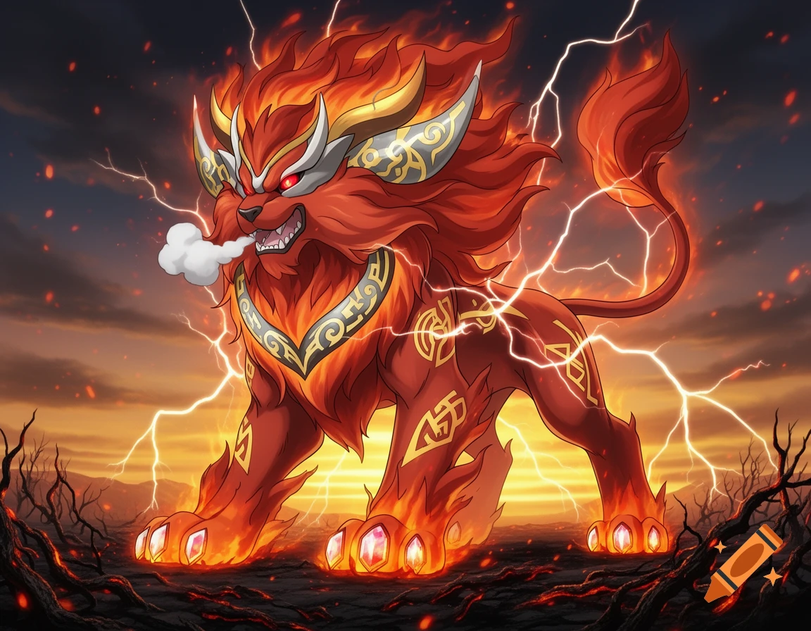 A fierce, fiery red lion-like Pokemon with golden horns, glowing eyes, and lightning striking around it on a desolate, lava-lit landscape.