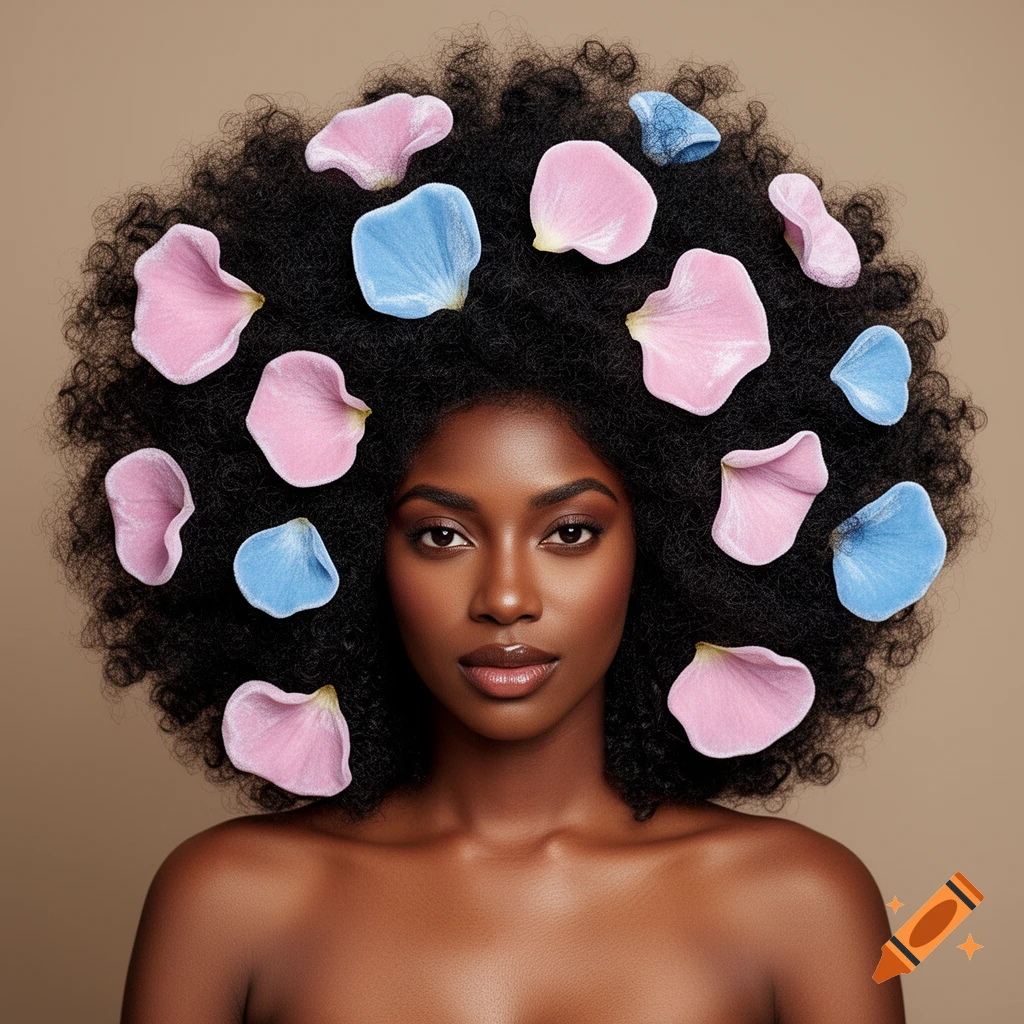 Close-up portrait of a dark-skinned woman with a huge Afro hairstyle adorned with pink and blue petals, looking directly at the viewer.