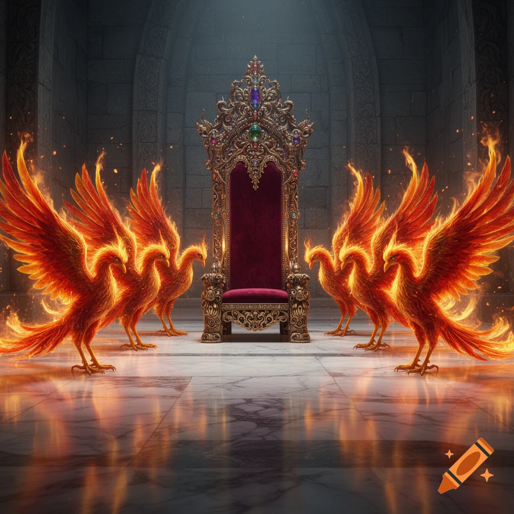 Seven majestic firebirds with fiery wings bow before an ornate, regal throne in a grand, stone hall. Fantasy digital art.