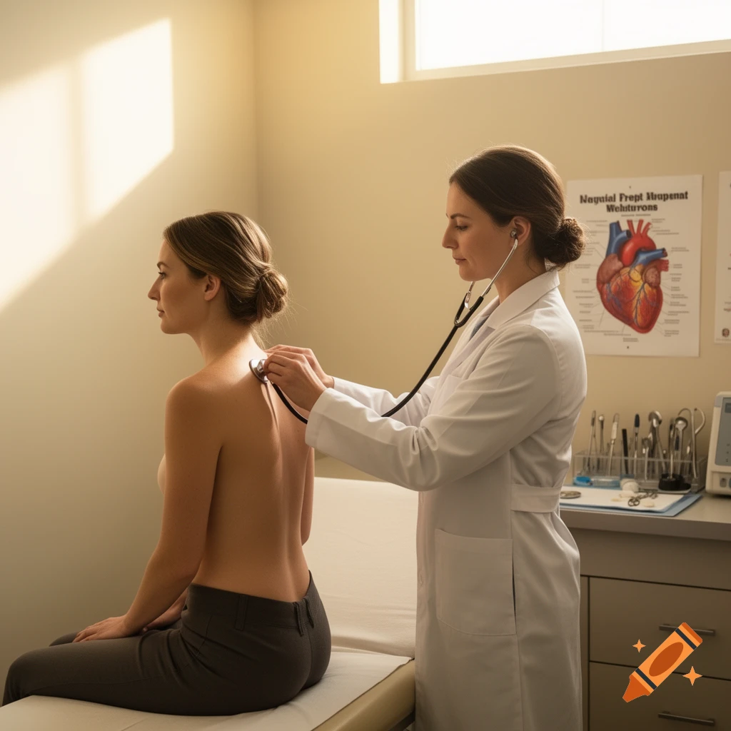 A doctor in a white lab coat uses a stethoscope to examine the back of a shirtless female patient sitting on an exam table in a sunlit medical office.