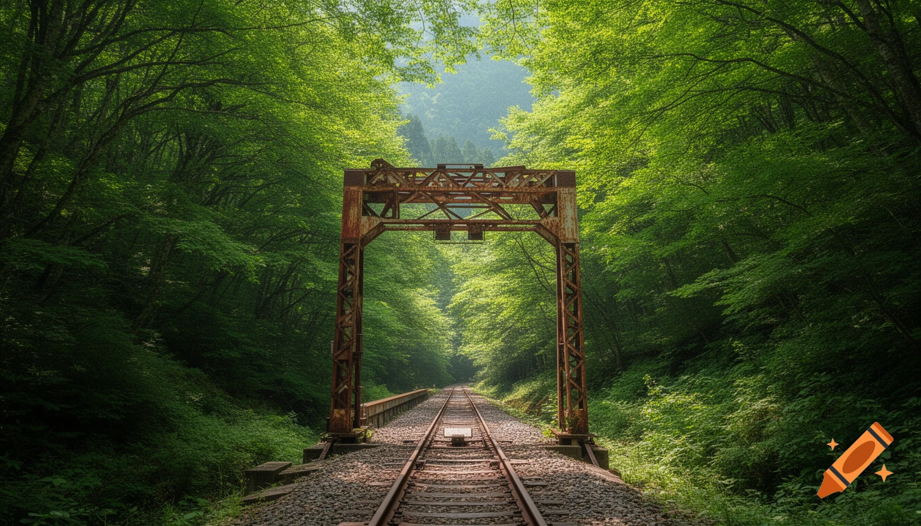 A photorealistic image of a rusty railroad track running through a lush green forest, with sunbeams filtering through the trees.
