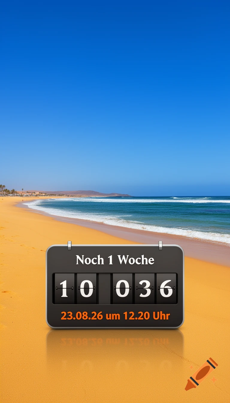 Digital countdown timer on a sunny Fuerteventura beach, displaying 'Noch 1 Woche' and '23.08.26 um 12.20 Uhr'.