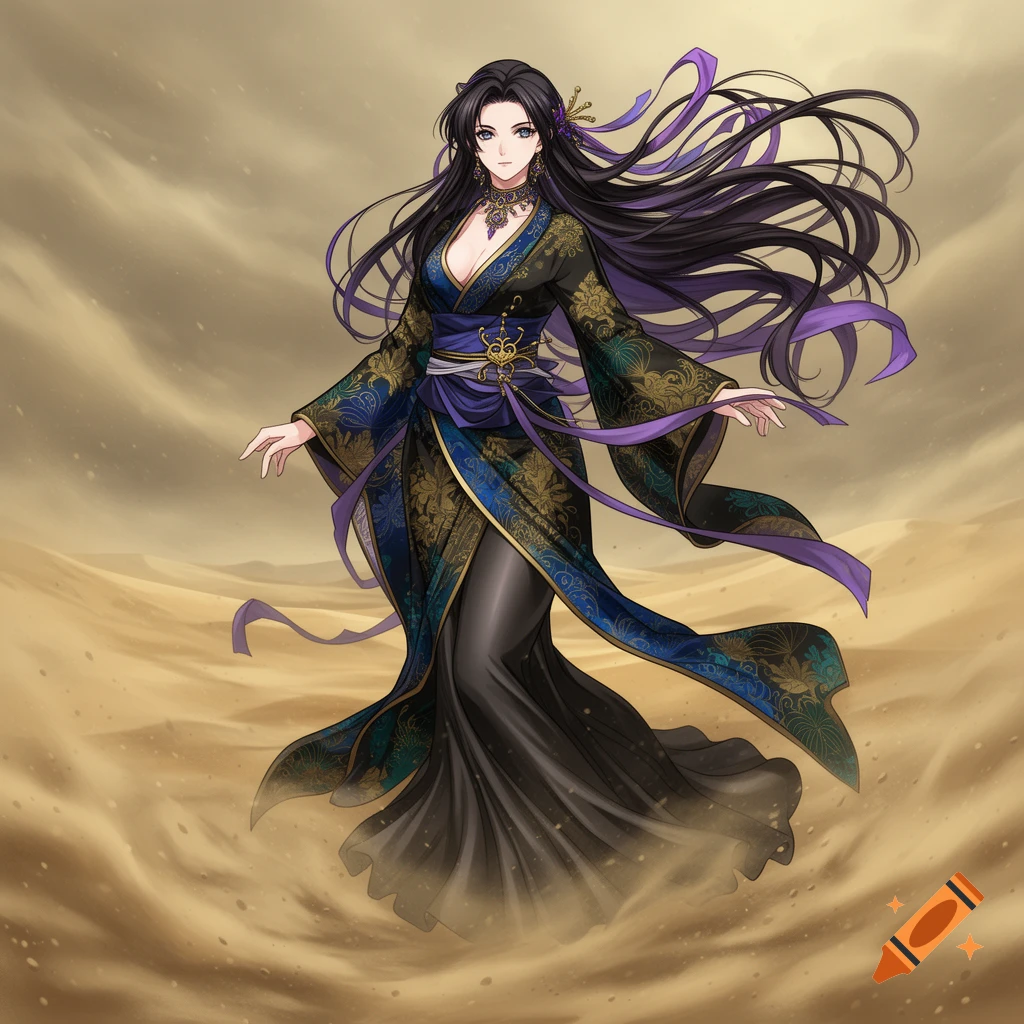 Anime-style female in an elaborate black and blue kimono dress with flowing hair and ribbons, standing in a turbulent sandstorm desert.