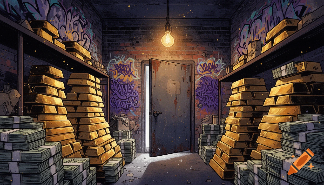 Expressive comic book style painting of a cramped stash room filled with gold bars, cash, and graffiti-covered brick walls.