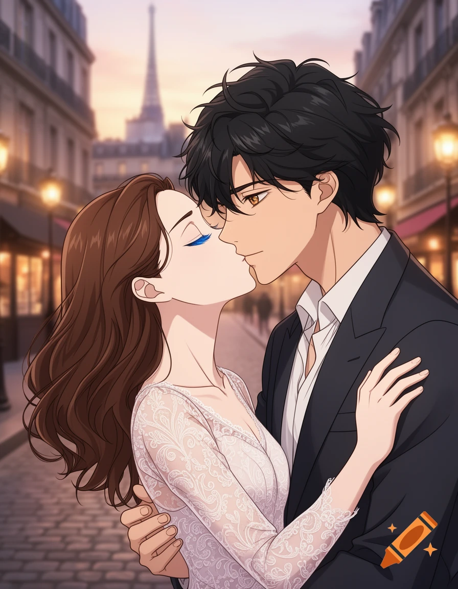 An anime couple kisses passionately on a Parisian street at sunset, with the Eiffel Tower visible in the background.