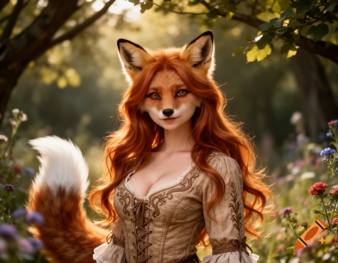 A photorealistic foxkin woman with long red hair, fox ears, and a fluffy tail, wearing a rustic dress in a sunlit forest.