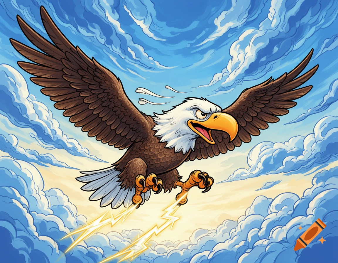 A cartoon bald eagle with a fierce expression flies through a cloudy blue sky, leaving lightning trails from its talons.