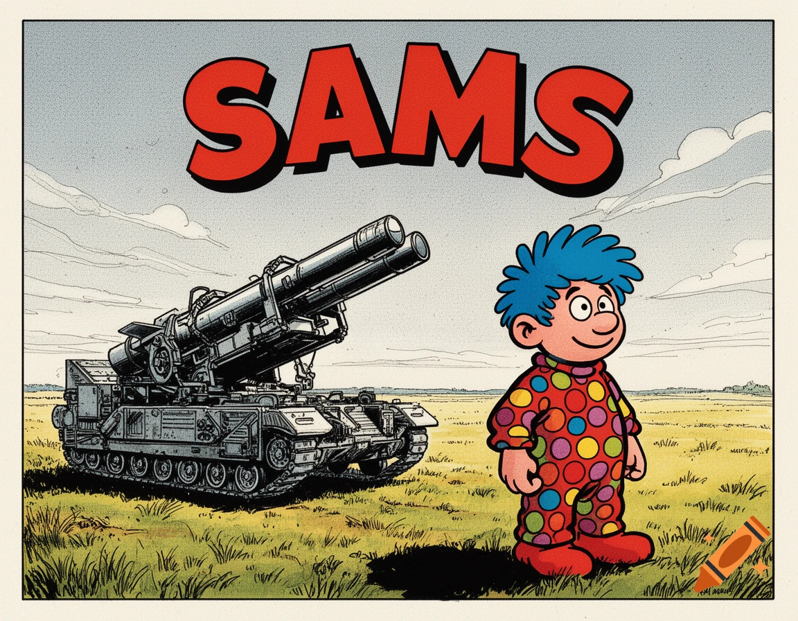 A cartoon boy in a polka-dot suit stands next to a large military missile launcher, with the word "SAMS" above, in an 80s comic style.