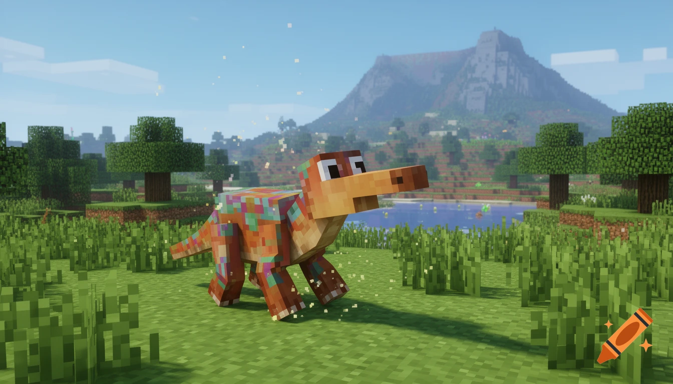 A colorful, blocky Sniffer creature walks through a green Minecraft landscape with trees, a lake, and mountains under a blue sky.
