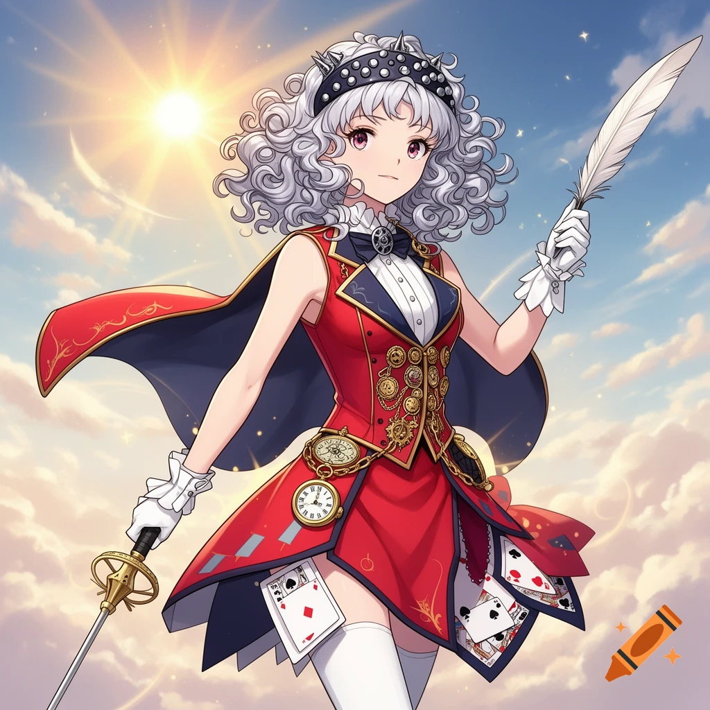An anime magical girl with curly silver hair, wearing a red, navy, and gold Victorian-style outfit with a cape, holding a sword and a quill, against a sunny sky background.