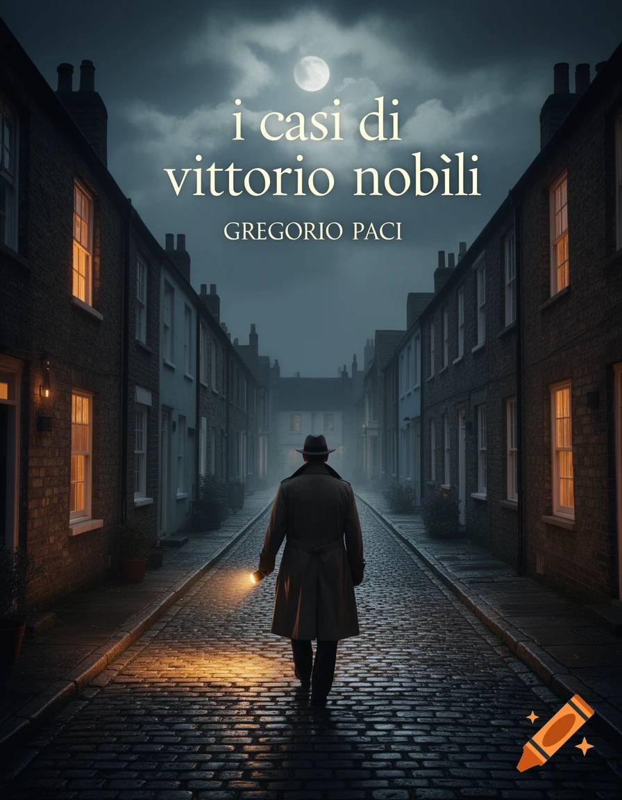 A moody book cover showing a detective in a trench coat and hat, holding a torch, walking down a cobblestone street lined with houses at night under a full moon.