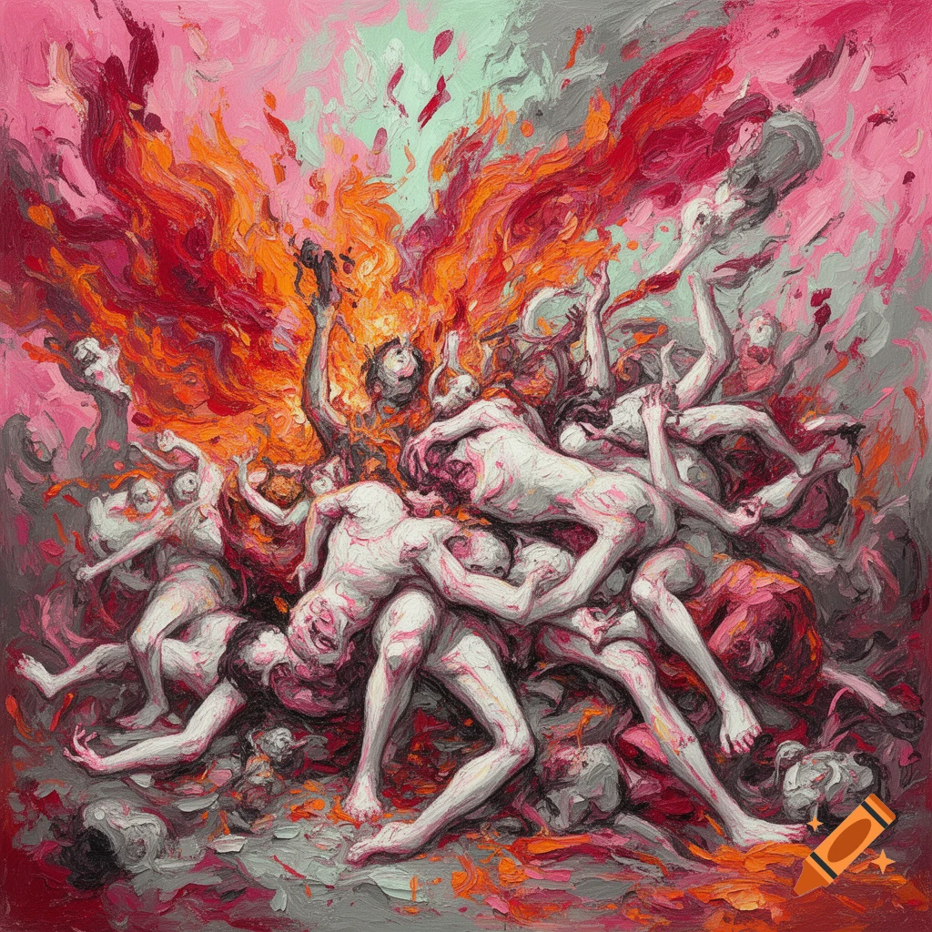 An abstract oil painting showing a pile of distorted white human figures amidst vibrant red and orange flames, with pink, mint, and grey strokes.