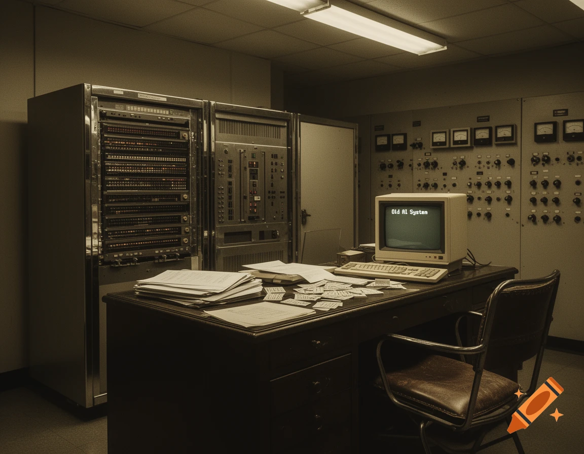 A dimly lit retro computer room with large server racks, a desk, a chair, and a CRT monitor displaying 'Old AI System'.