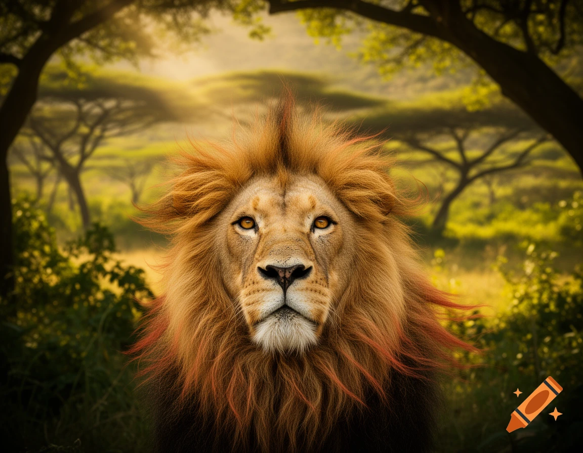 Photorealistic close-up of a majestic lion's face with a vibrant, flowing mane, set against a golden savanna sunset.