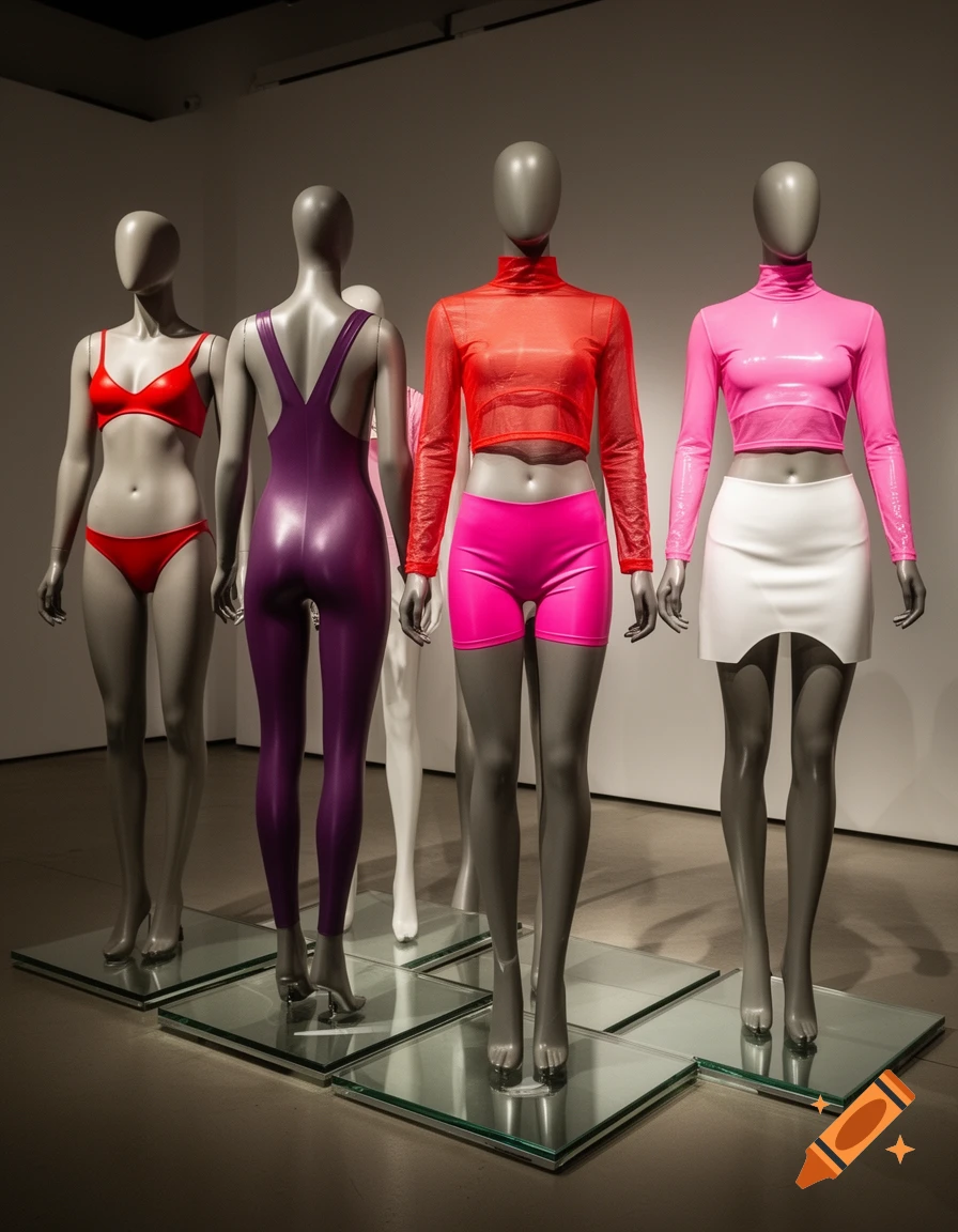Four mannequins in a gallery setting, wearing vibrant red, purple, pink, and white form-fitting clothing and latex outfits.