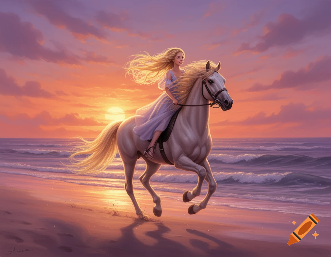A blonde girl in a light dress rides a white horse along a beach at a beautiful sunset, rendered in an illustrative style.
