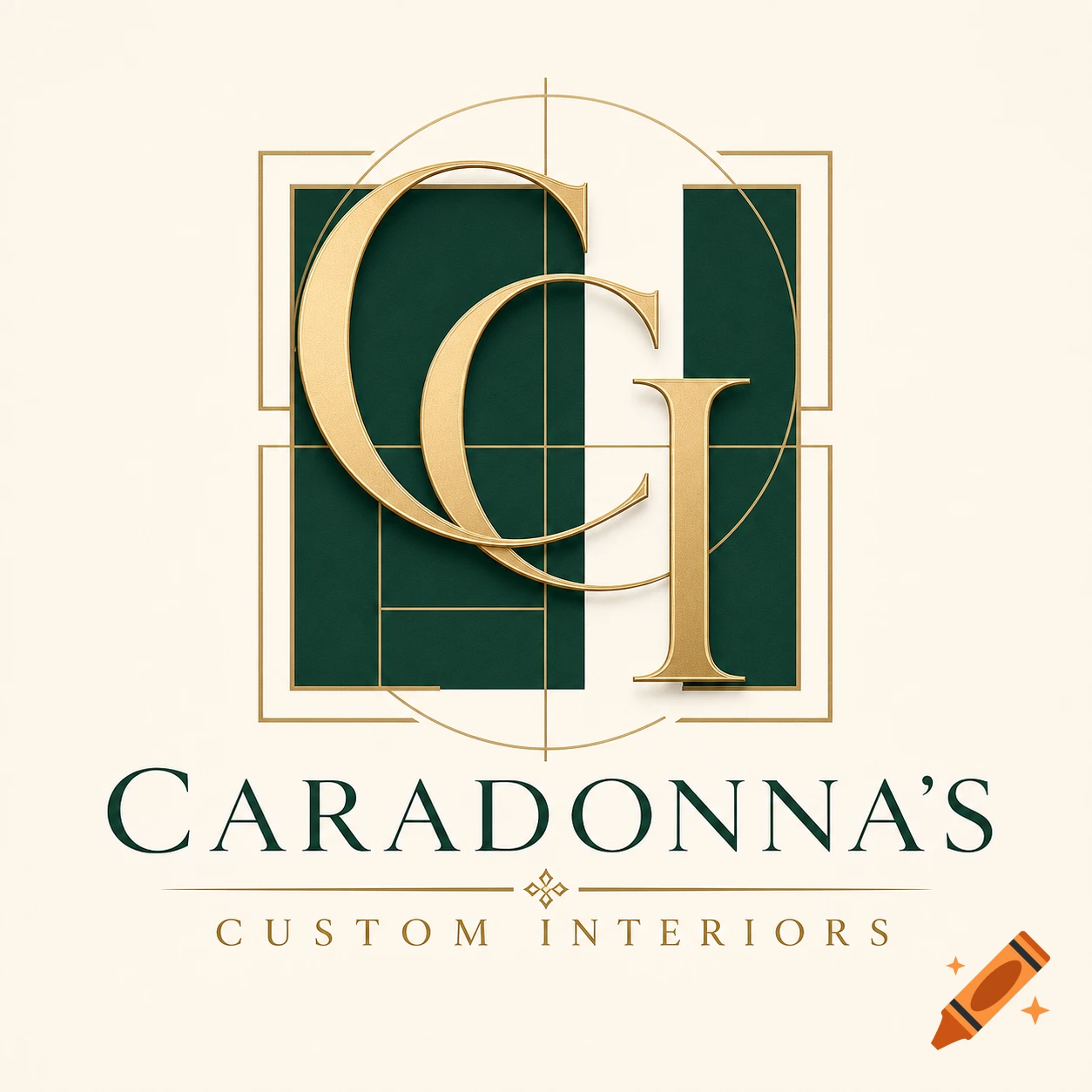 A stylized logo with intertwined gold letters 'C' and 'I' on a dark green square background with geometric gold lines, above the text 'CARADONNA'S CUSTOM INTERIORS' on a cream background.