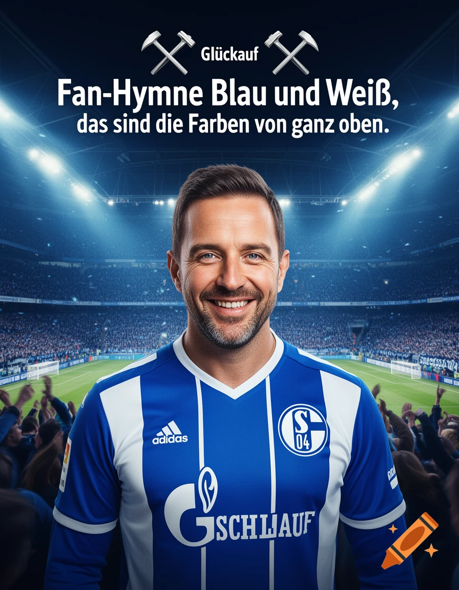 Photorealistic portrait of a smiling man in a blue and white Schalke 04 soccer jersey against a stadium backdrop, with text "Fan-Hymne Blau und Weiß" above.