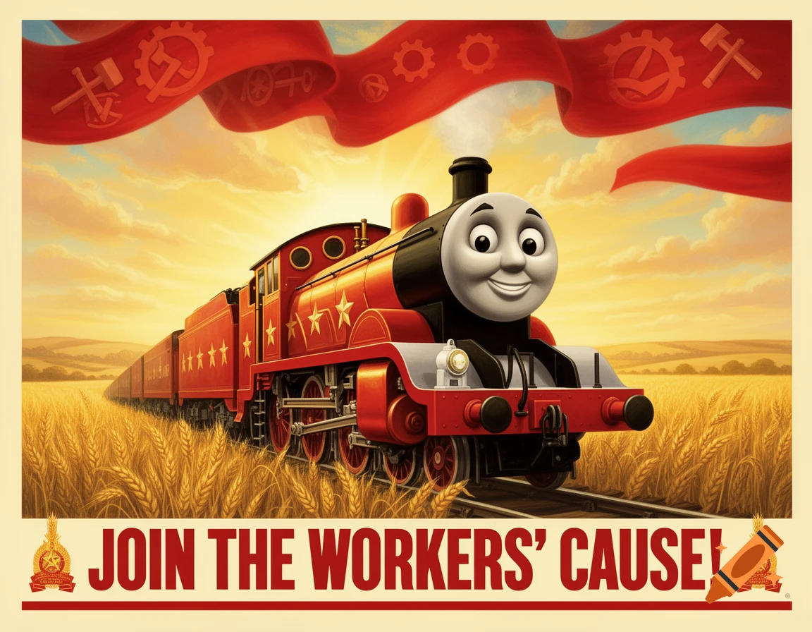 Thomas the Tank Engine as a red communist locomotive in a golden wheat field under red banners with symbols, with the text 'JOIN THE WORKERS\' CAUSE!'.