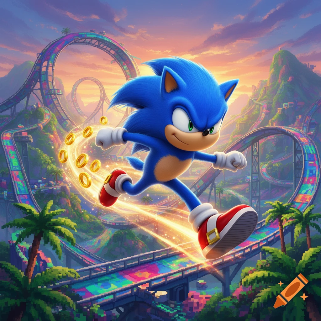 Sonic the Hedgehog runs through a vibrant, pixelated video game landscape with looping tracks and golden rings.