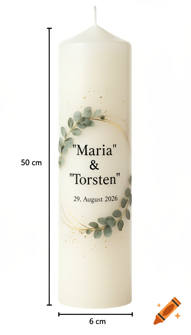 An elegant white wedding candle with "Maria & Torsten" and "29. August 2026" in black text, surrounded by green eucalyptus leaves and golden accents. Dimensions 50 cm height and 6 cm diameter are indicated.
