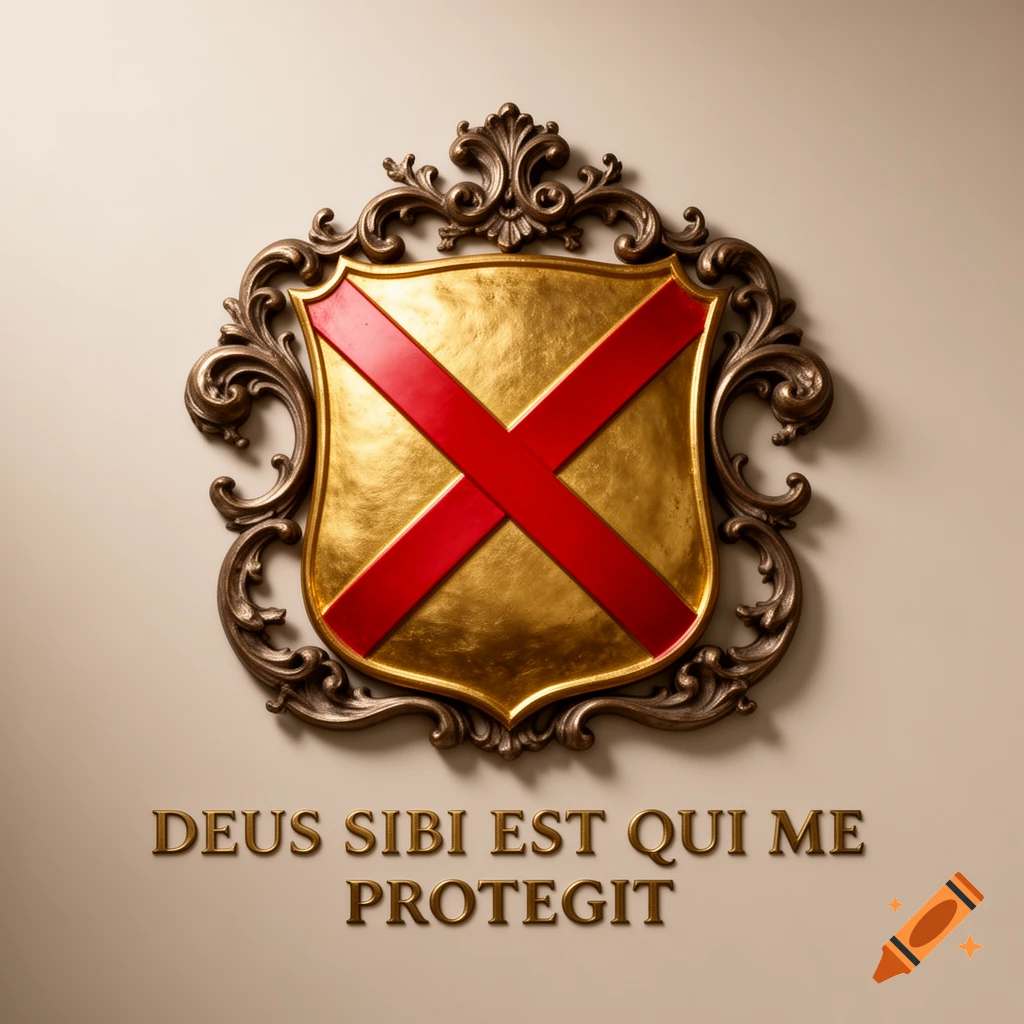 An ornate golden shield with a red 'X' and bronze scrollwork, above the Latin motto 'Deus sibi est qui me protegit'.
