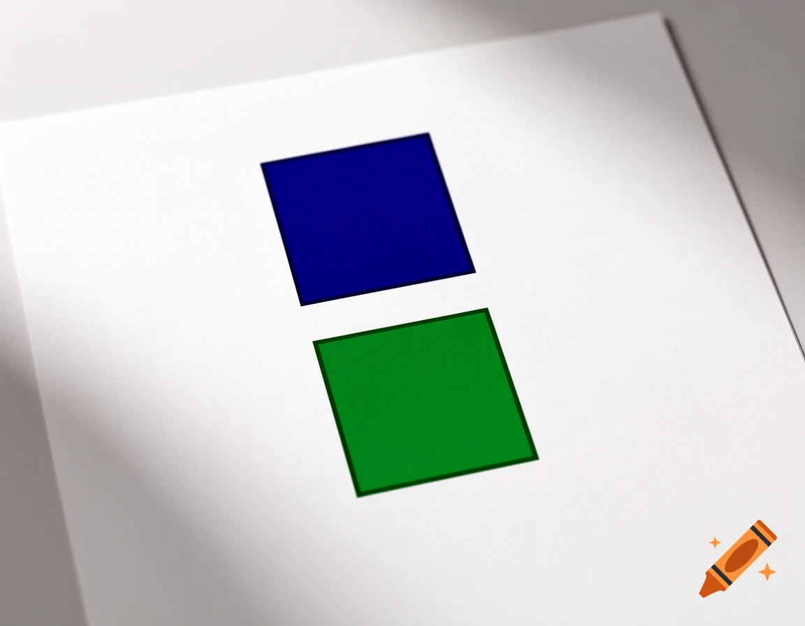 A photorealistic image of a blue square above a green square on a white sheet of paper.