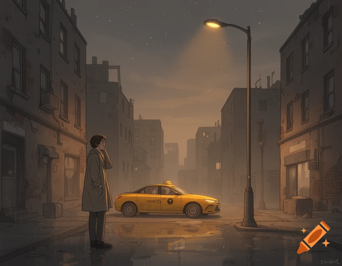An illustration of a person standing on a wet city street at night next to a yellow taxi under a glowing streetlamp.