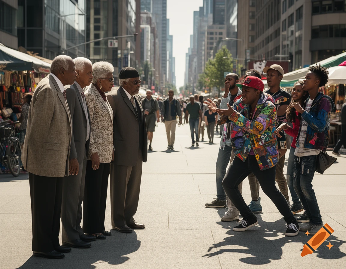 Two groups of Black people, elders and youth, face each other on a bustling city street with market stalls and tall buildings.