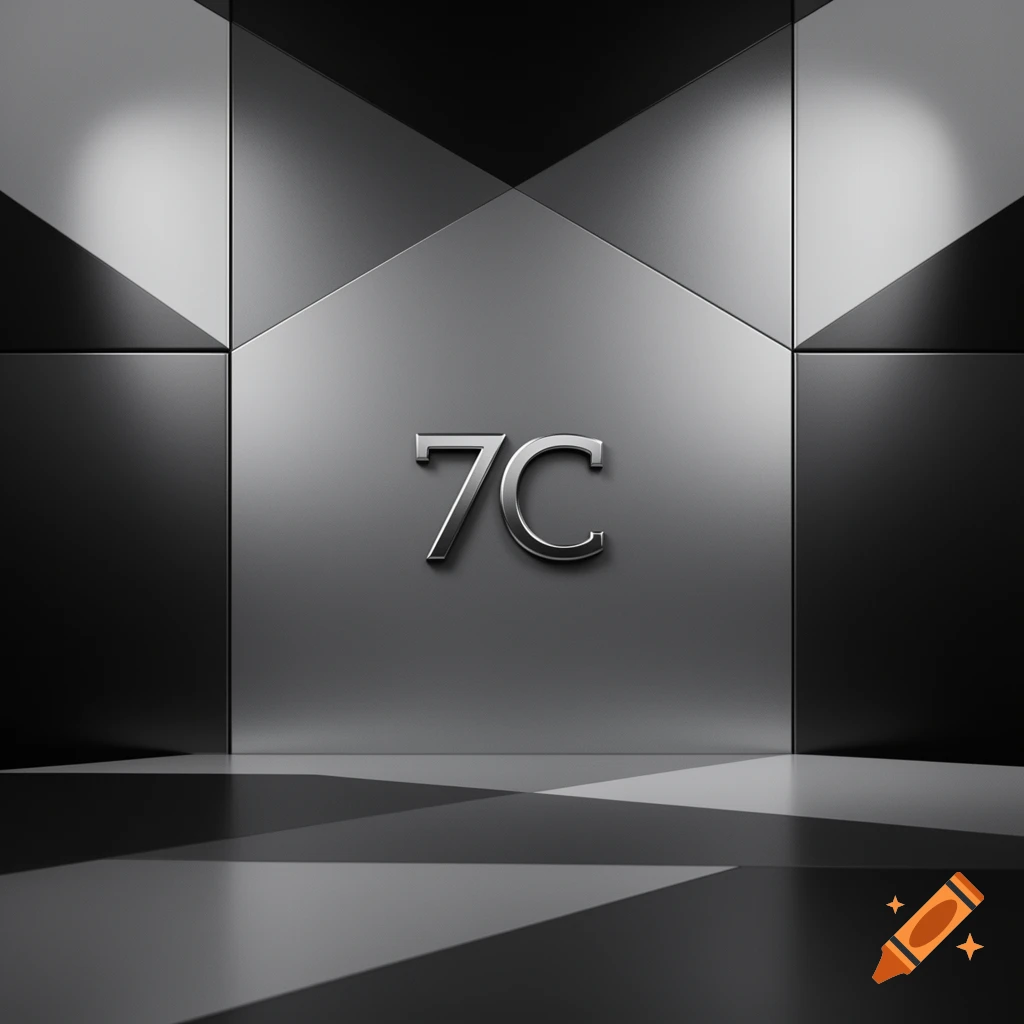 Sleek metallic 3D '7C' logo on a dark gray geometric panel background with spotlighting.