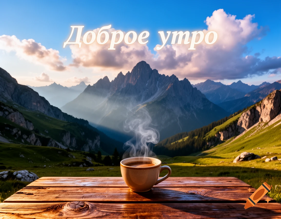 A steaming cup of coffee on a wooden table overlooks a majestic mountain landscape at sunrise, with 'Доброе утро' in the sky.