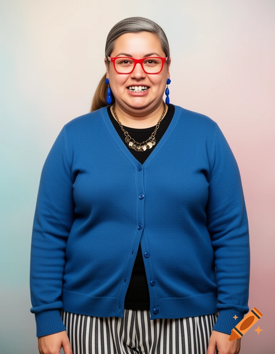 A smiling woman with gray hair, red glasses, and blue earrings wears a blue cardigan and striped pants.