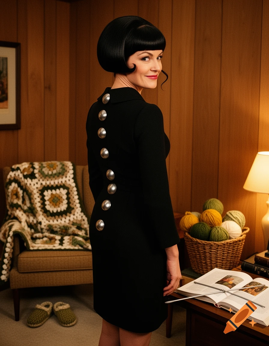 Photorealistic image of a woman in a 1960s black dress with large silver buttons, looking over her shoulder in a mid-century room.