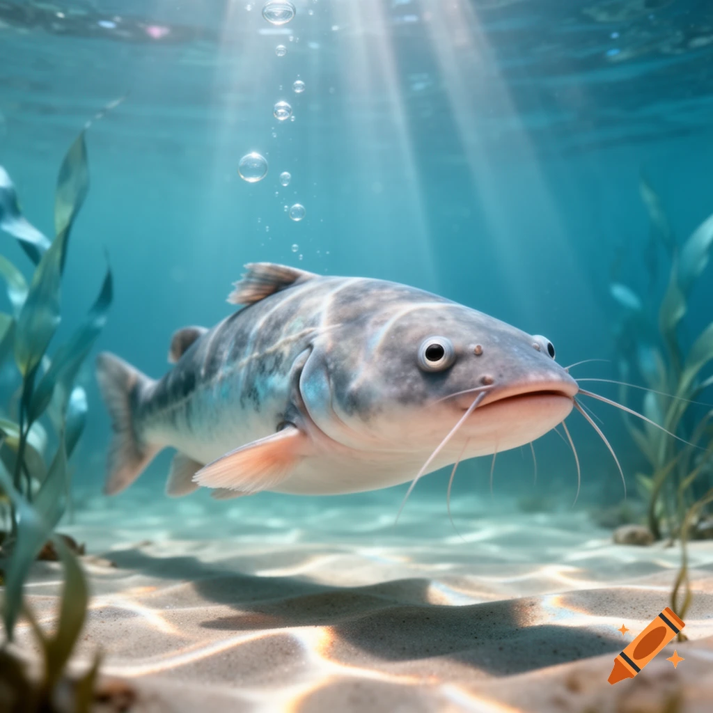 A stylized grey catfish with whiskers swims near a sandy bottom in clear blue water with sun rays filtering down.