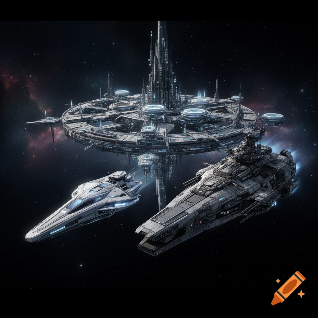 A futuristic space station and two detailed spaceships, a sleek white transporter and a large grey frigate, float in dark space with distant nebulae.