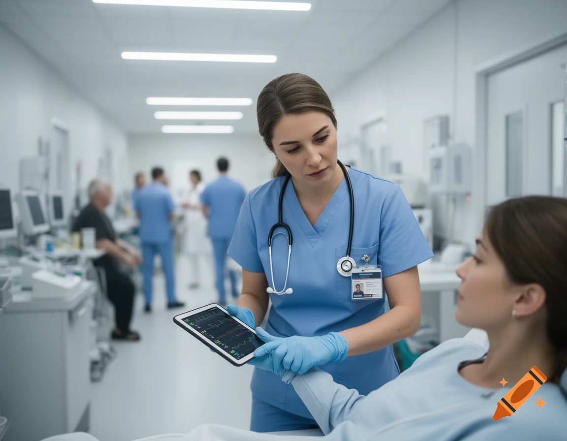 A nurse in blue scrubs wearing a stethoscope shows a patient data on a tablet in a brightly lit hospital hallway.