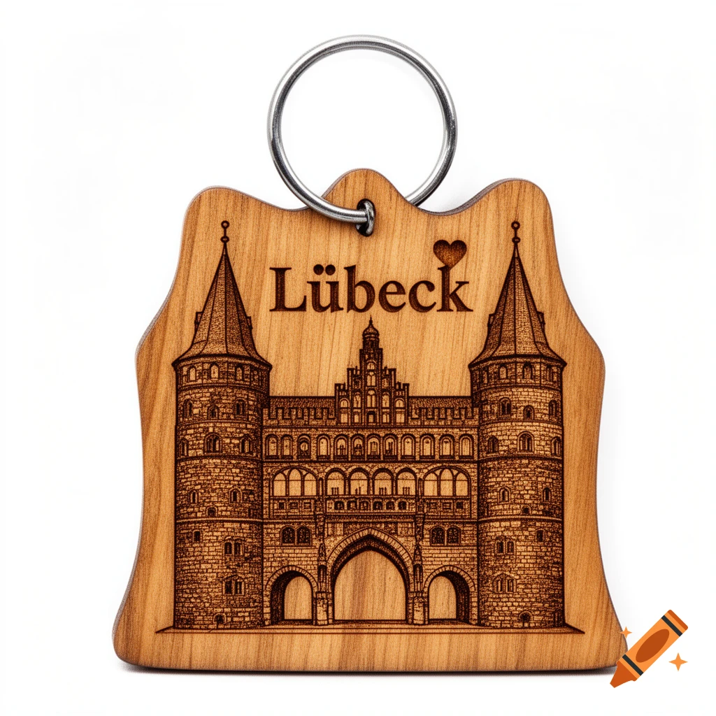 Wooden keychain engraved with 'Lübeck' and a heart above a detailed illustration of the Holstentor, with a metal key ring.