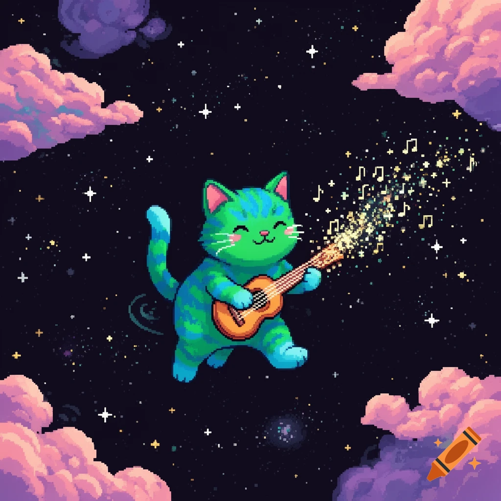 A cute green pixel art cat floats in space playing a guitar, surrounded by pink and purple clouds and sparkling stars.