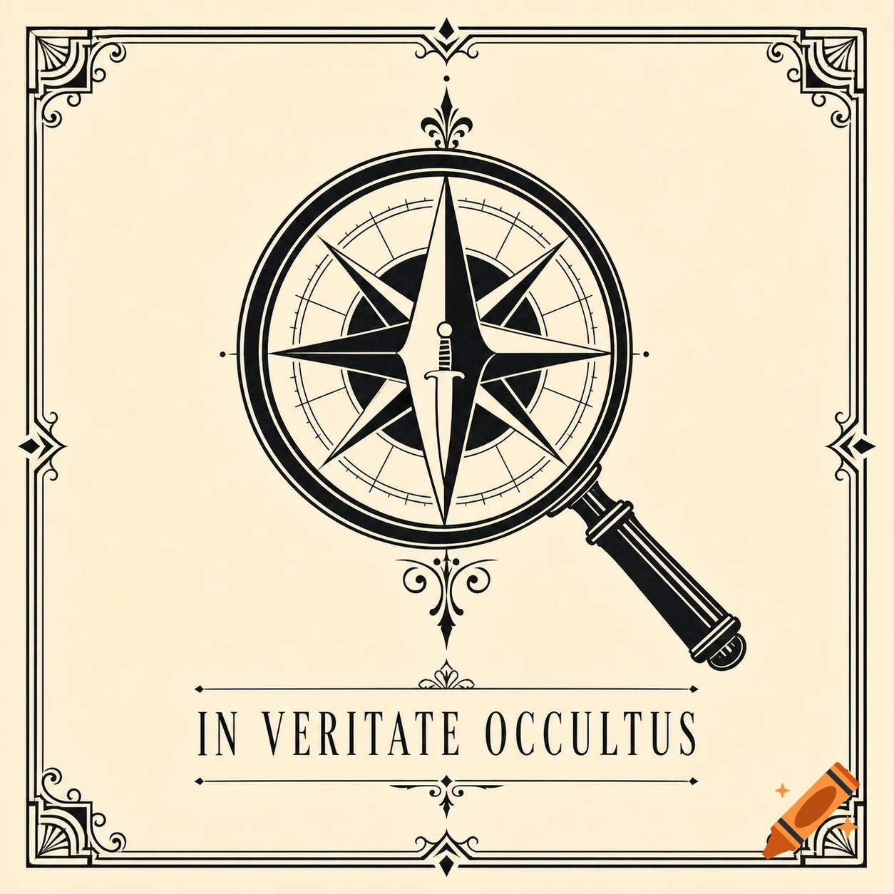 Ornate black and cream logo with a magnifying glass over a compass rose and dagger, framed, with 'IN VERITATE OCCULTUS'.