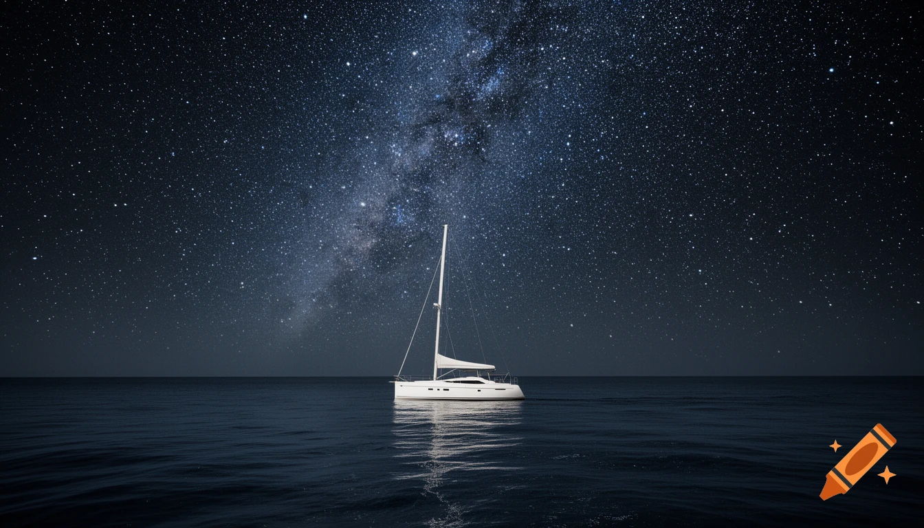 A white sailboat sits calmly on a dark sea under a vast, star-filled night sky showing the Milky Way.