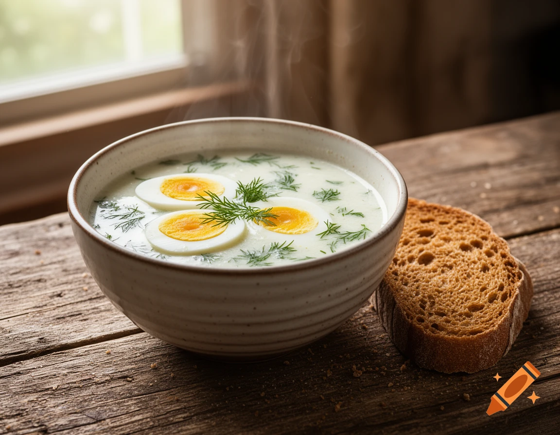 A steaming bowl of creamy soup with hard-boiled eggs and fresh dill, served with dark bread on a rustic wooden table.