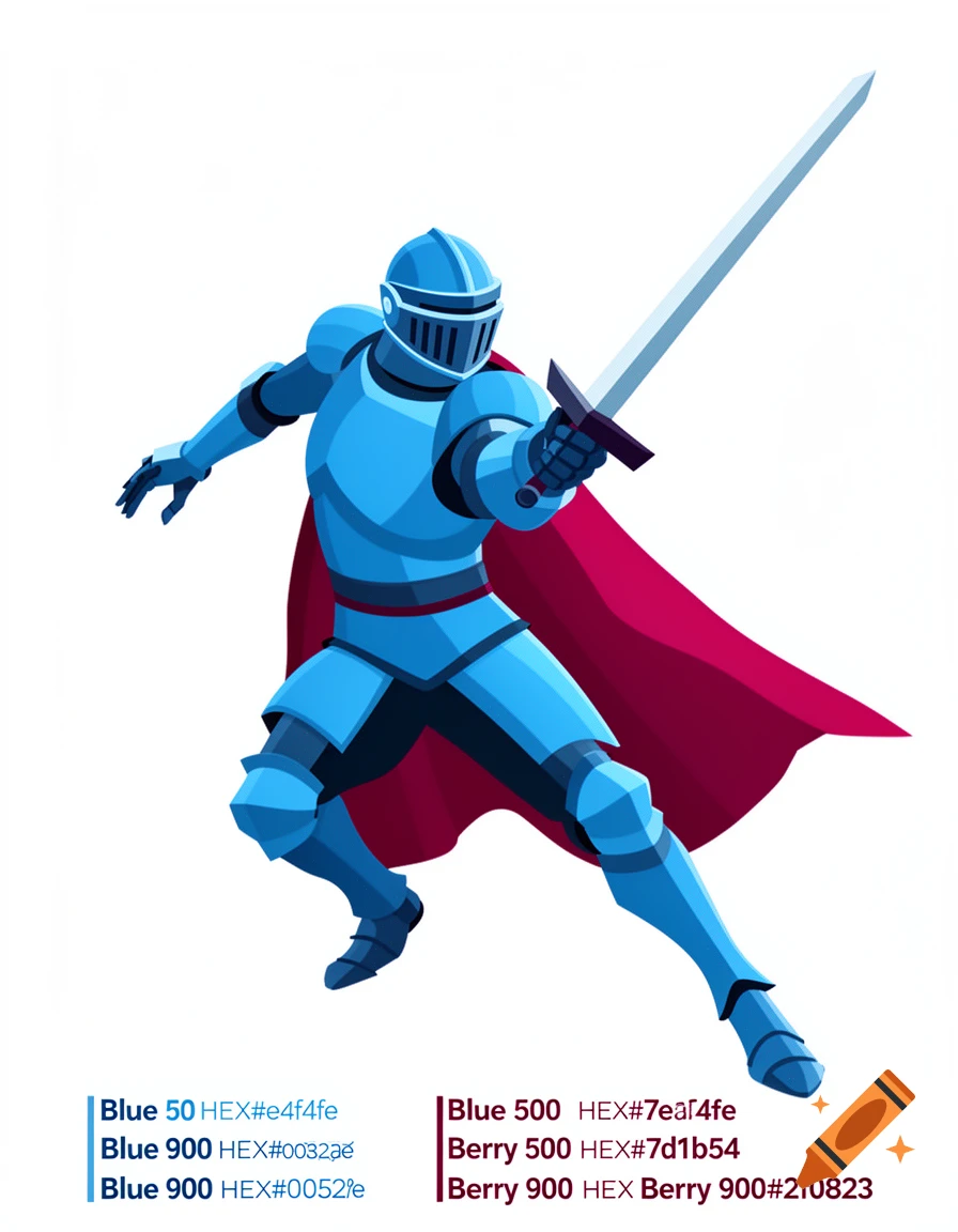 A stylized blue knight in full armor, with a red cape, holds a sword ready to strike, set against a white background with color codes listed below.