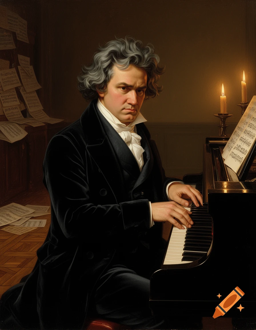 Classical painting of Ludwig van Beethoven with curly grey hair, playing a piano by candlelight, surrounded by sheet music.