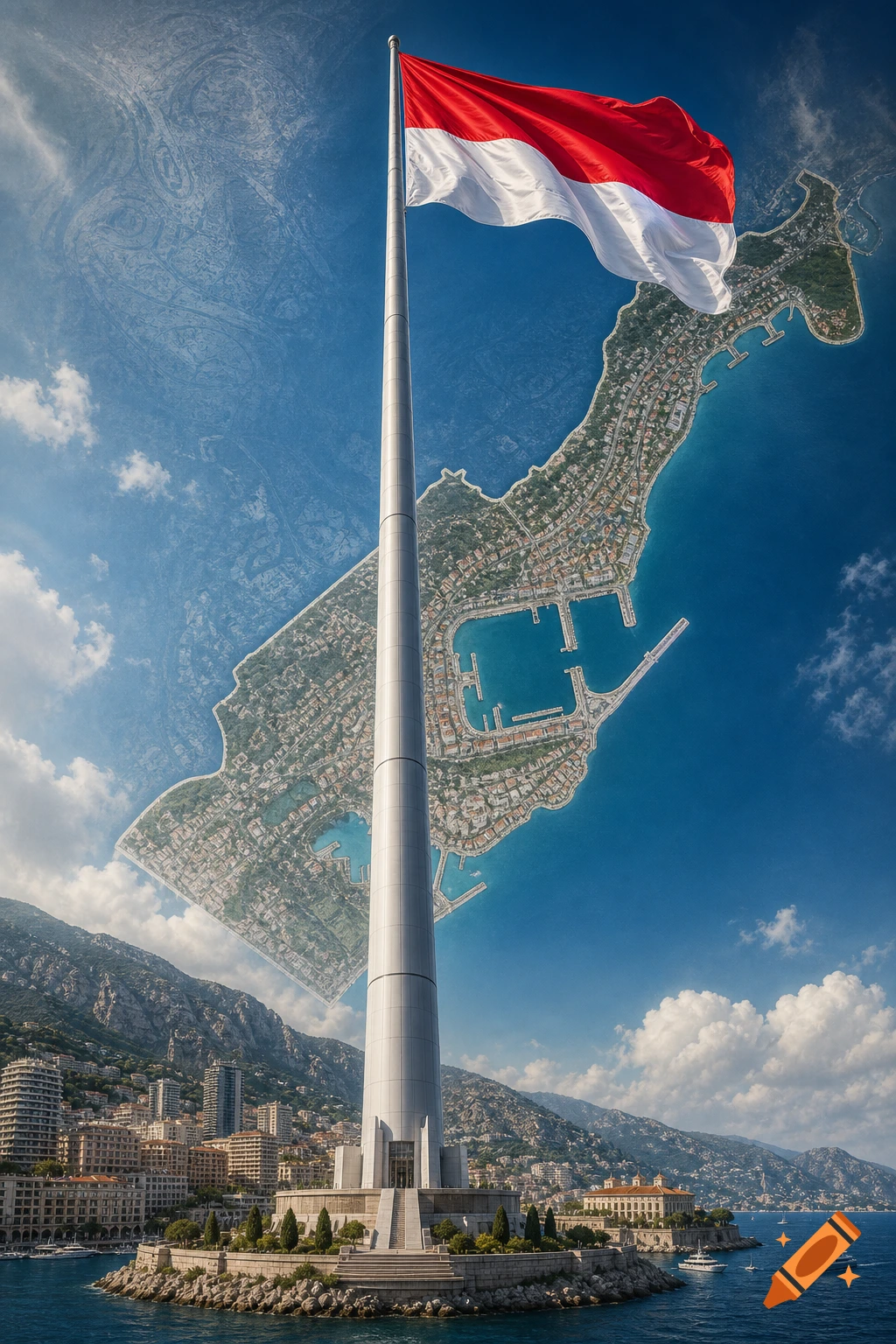 A massive flagpole flies a red and white flag over a photorealistic cityscape by mountains and sea, with a map of Monaco overlaid in the blue sky.