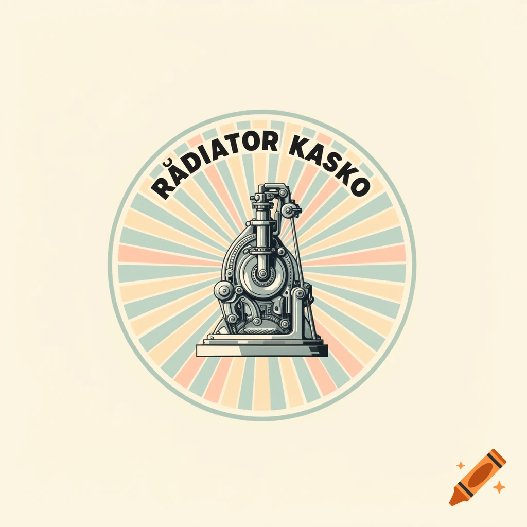 A vintage-style circular logo with a detailed mechanical device at its center, surrounded by sunburst rays in pastel colors, and the text "RÀDIATOR KASKO" curved above.