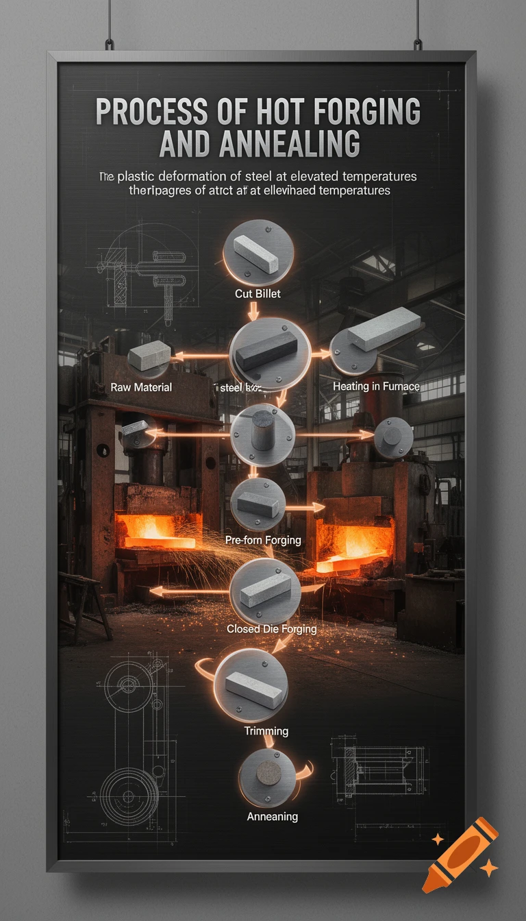 A museum exhibition board illustrating the hot forging and annealing process of steel with text, diagrams, and physical samples against a background of an industrial forge workshop.